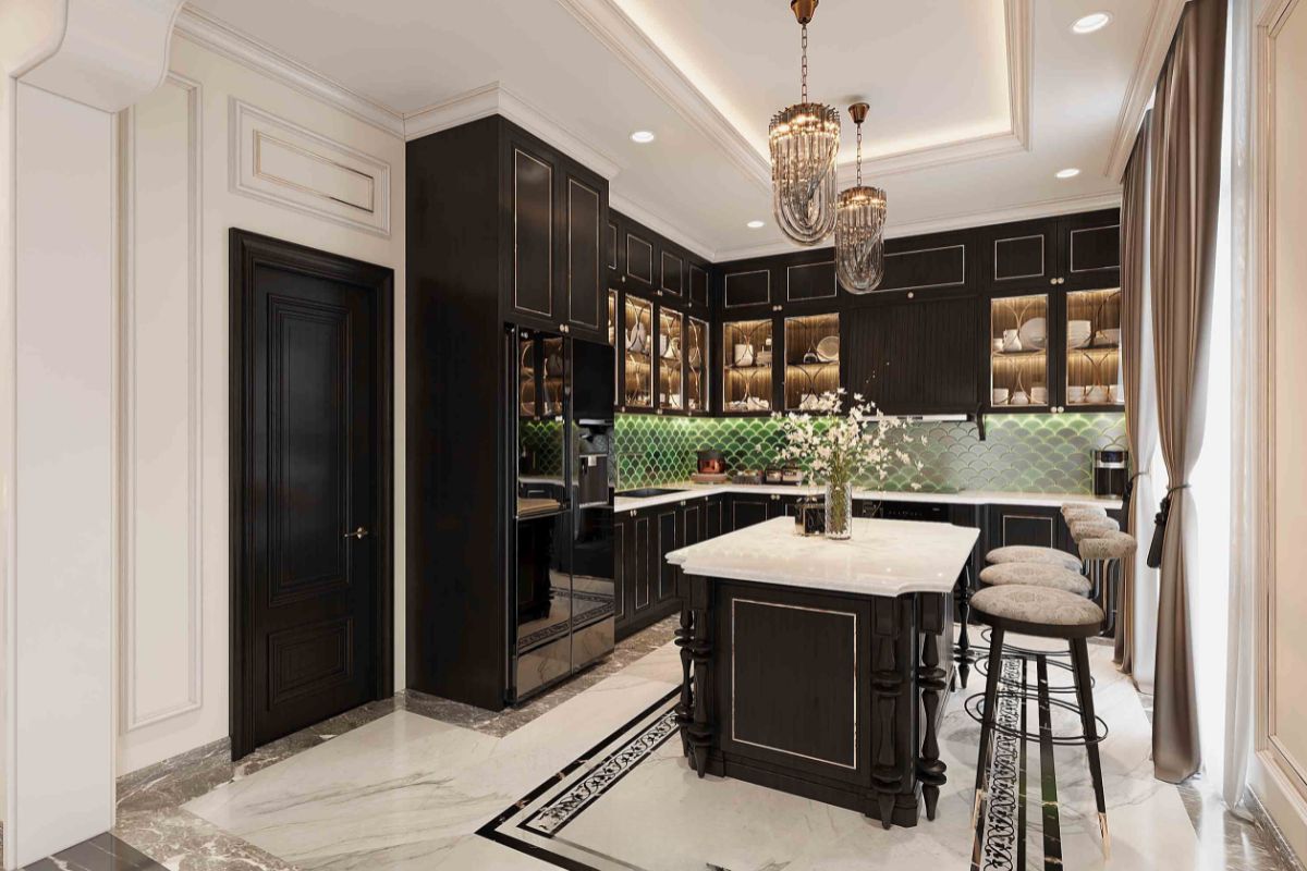 Hệ tủ kịch trần kết hợp giá kho kéo và kệ nâng hạ giúp tận dụng tối đa từng khoảng lưu trữ trong căn bếp  (Ảnh: Sưu tầm)
