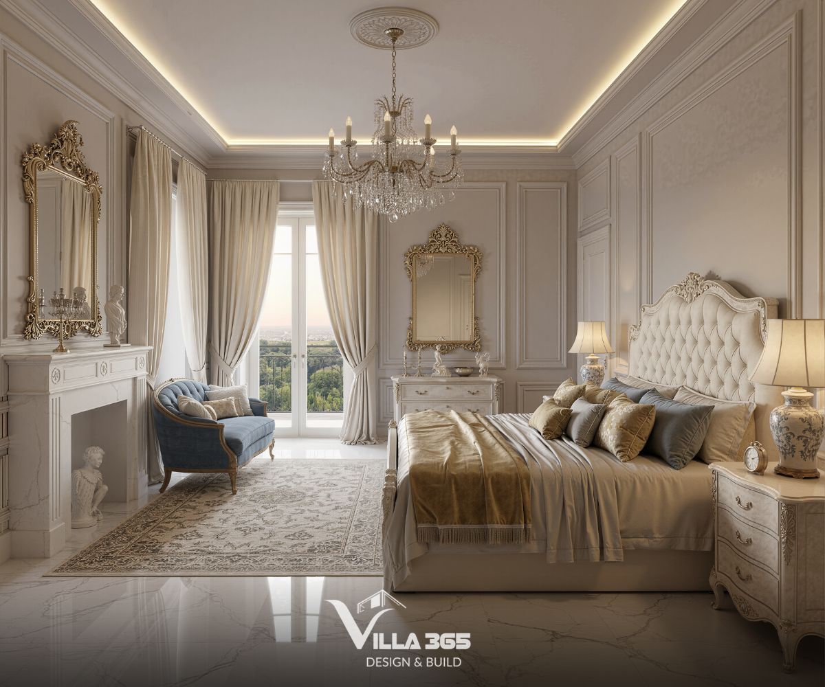 Mẫu Nội Thất Phòng Ngủ Biệt Thự Đẹp, Sang Trọng & Xu Hướng 2026 (Kèm Báo Giá) 9 Màu kem, beige và trắng ngà tạo lớp nền trang nhã, làm nổi bật vẻ đẹp quyền quý của không gian