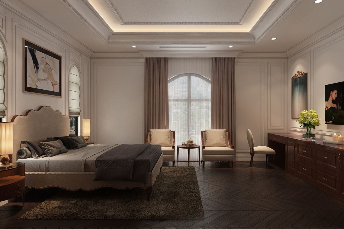 Mẫu Nội Thất Phòng Ngủ Biệt Thự Đẹp, Sang Trọng & Xu Hướng 2026 (Kèm Báo Giá) 30 Cửa kính lớn, rèm hai lớp và giải pháp cách âm tạo nên phòng ngủ master riêng tư, yên tĩnh (Ảnh: Sưu tầm)