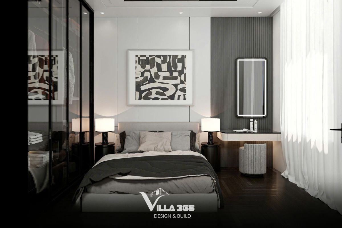 Tinh thần tối giản tại Noir & Blanc Villa được thể hiện qua những mặt phẳng lớn, hình khối gọn và đường nét dứt khoát 