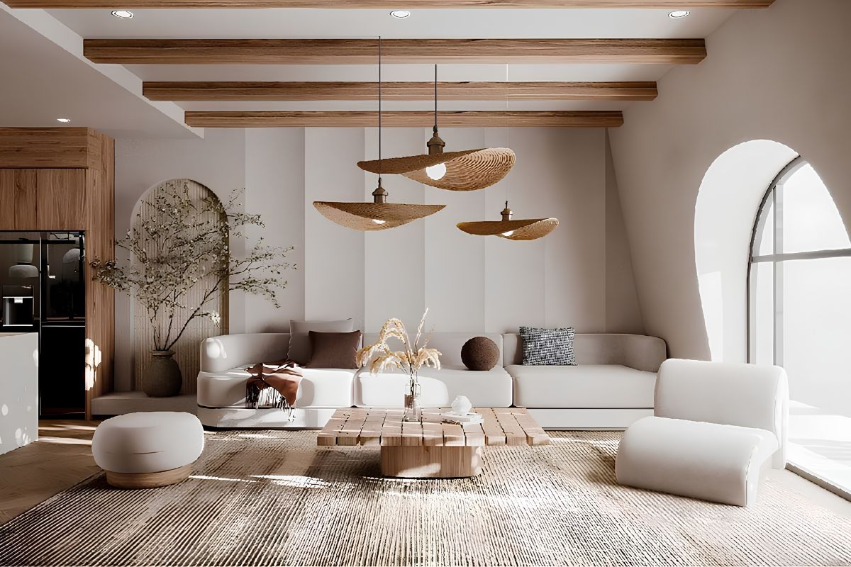 Phòng khách Wabi Sabi kết hợp sofa thấp, bàn trà gỗ tự nhiên và thảm dệt mộc để tạo cảm giác thư thái, gần gũi (Ảnh: Sưu tầm)