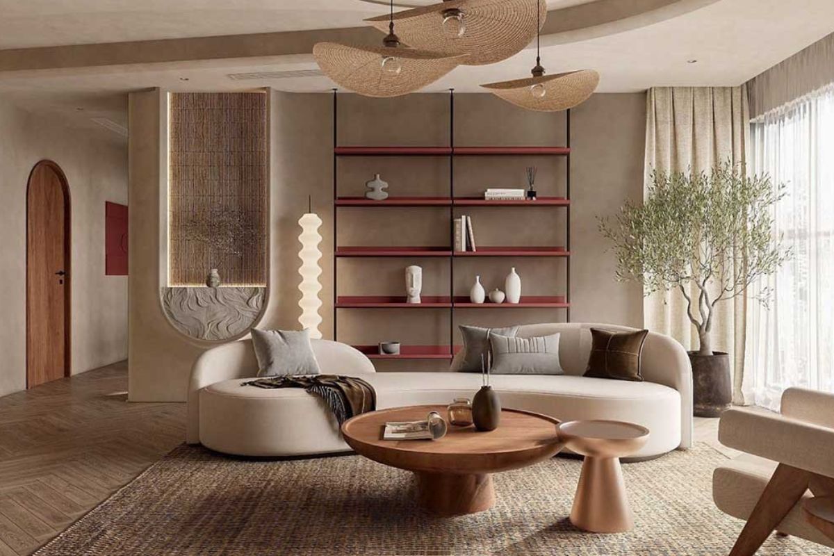 Cửa kính lớn và rèm linen đưa ánh sáng tự nhiên vào phòng khách, làm nổi bật đường vân gỗ cùng bảng màu be – nâu đất (Ảnh: Sưu tầm)