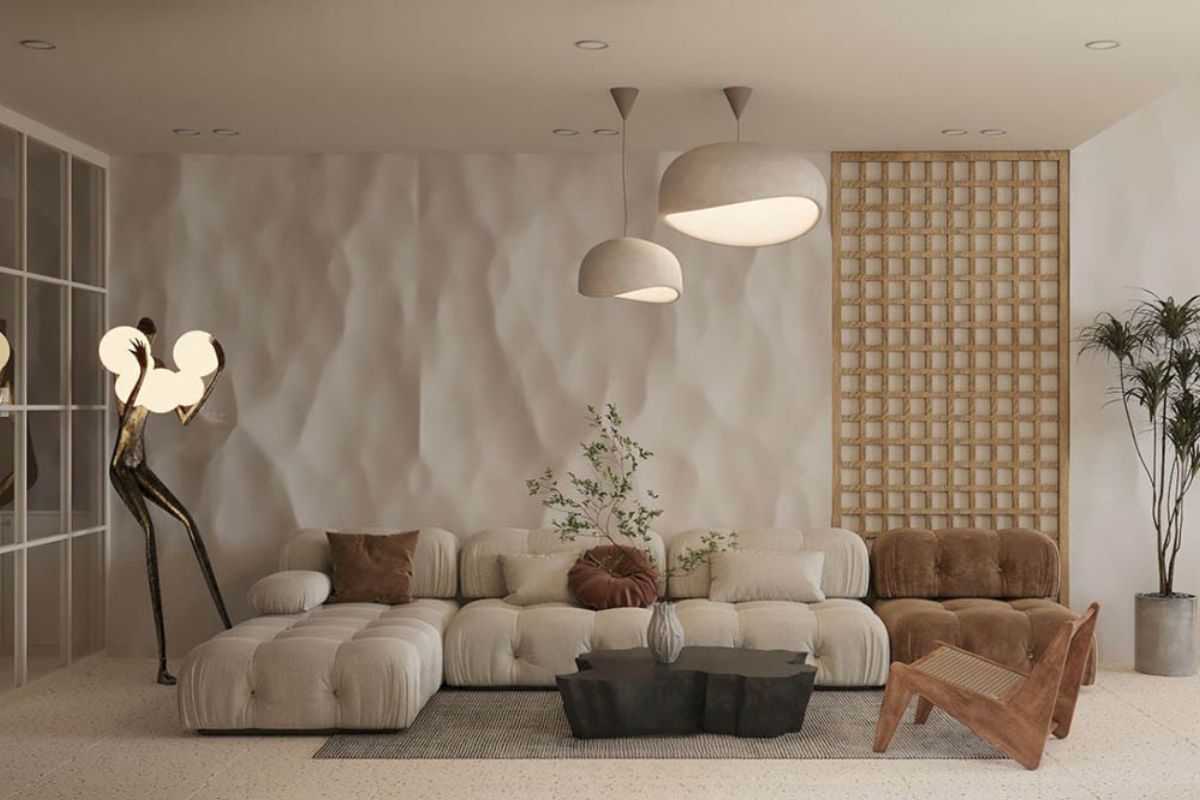 Trong biệt thự phong cách Wabi Sabi, phòng khách có thể mở rộng ra sân vườn, hồ nước để xóa nhòa ranh giới trong – ngoài (Ảnh: Sưu tầm)