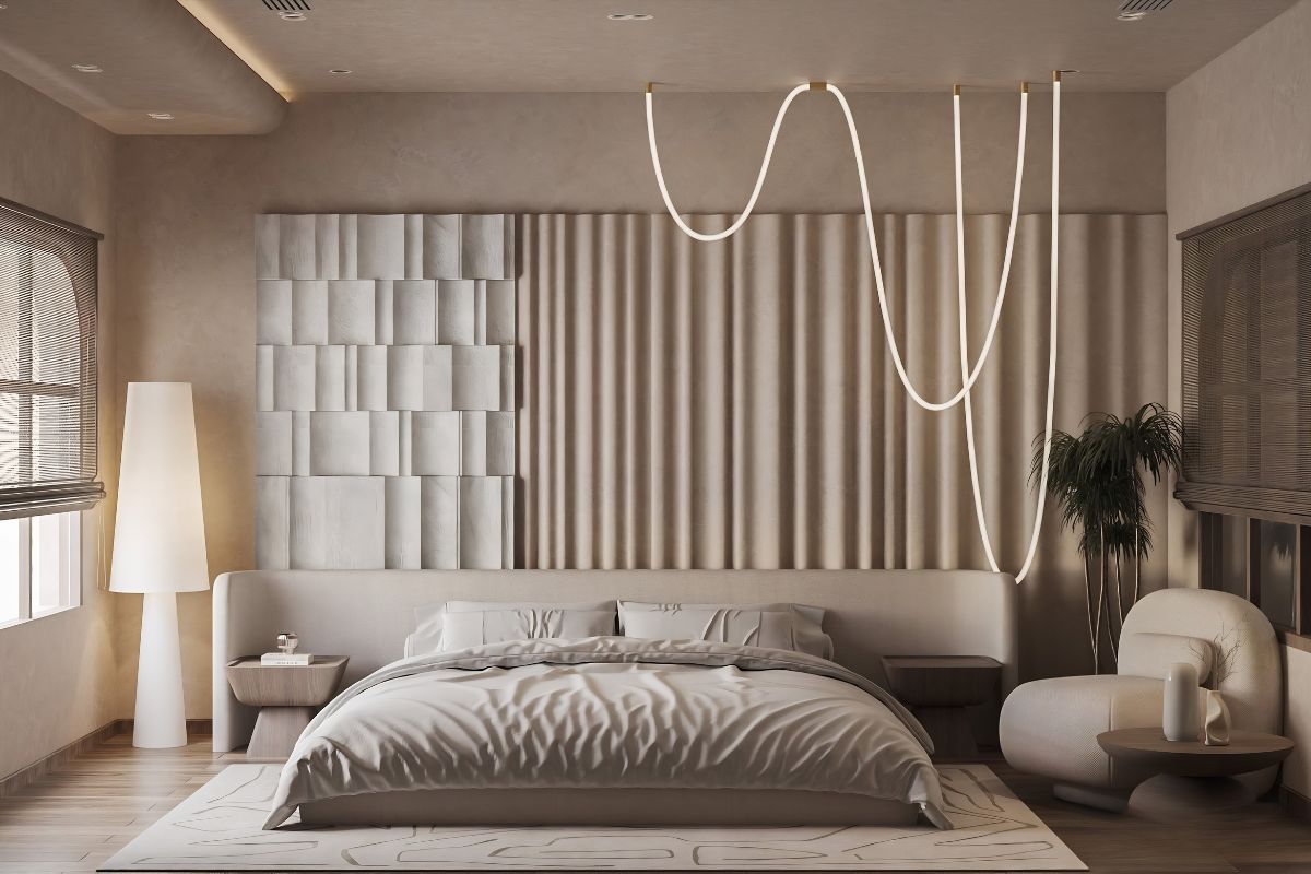 Phòng ngủ Wabi Sabi giản lược hình khối và đồ trang trí để tạo cảm giác nhẹ nhõm, yên tĩnh ngay từ khi bước vào (Ảnh: Sưu tầm)