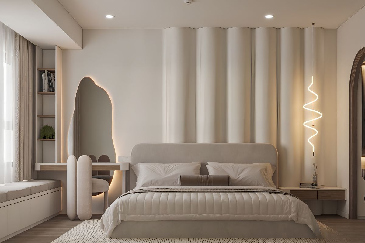 Ánh sáng trời ban ngày kết hợp đèn vàng dịu vào buổi tối giúp phòng ngủ Wabi Sabi trở nên sâu và thư giãn (Ảnh: Sưu tầm)
