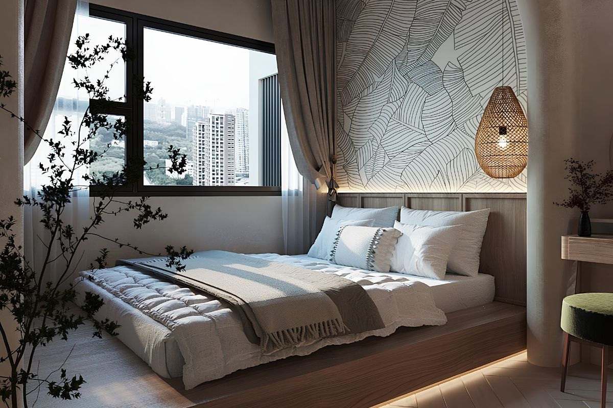Những khoảng trống được giữ lại có chủ đích giúp căn phòng thoáng hơn, đúng tinh thần thiết kế tối giản của Wabi Sabi (Ảnh: Sưu tầm)