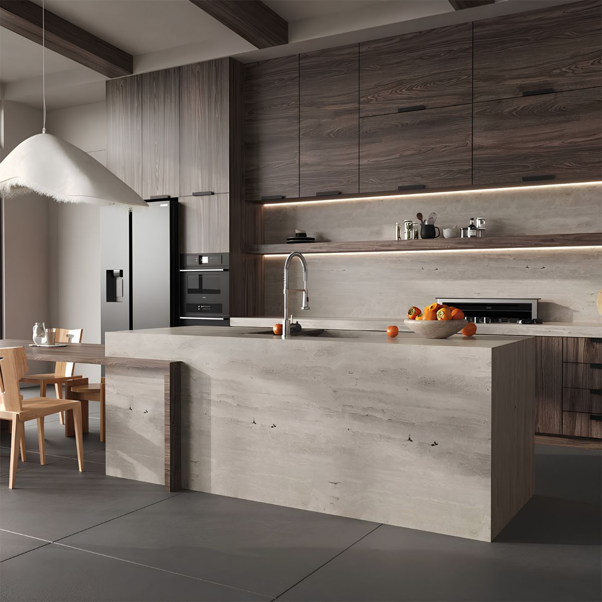 Bề mặt thô mộc cần đi cùng giải pháp dễ vệ sinh và bố trí khoa học để vẻ đẹp Wabi Sabi không đánh đổi công năng  (Ảnh: Sưu tầm)