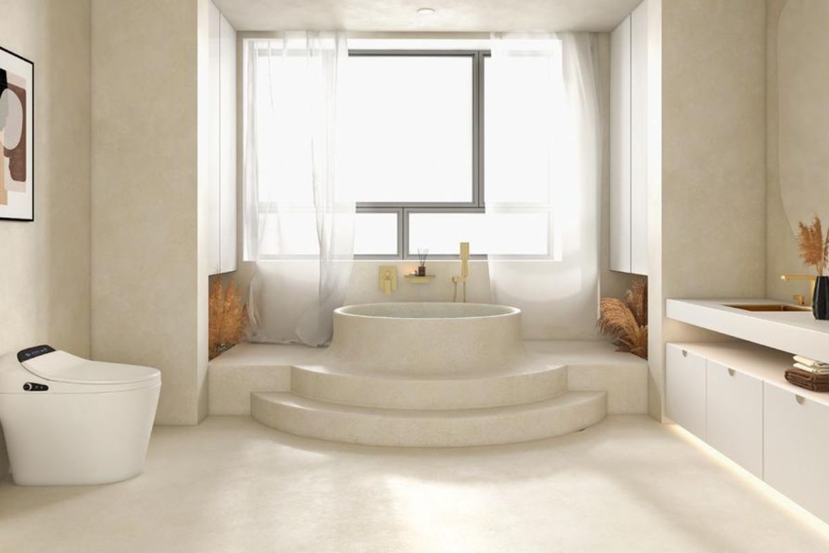 Bồn tắm bo cong, lavabo dạng khối và hốc tường mềm mại đưa đường nét hữu cơ vào không gian thư giãn hằng ngày (Ảnh: Sưu tầm)