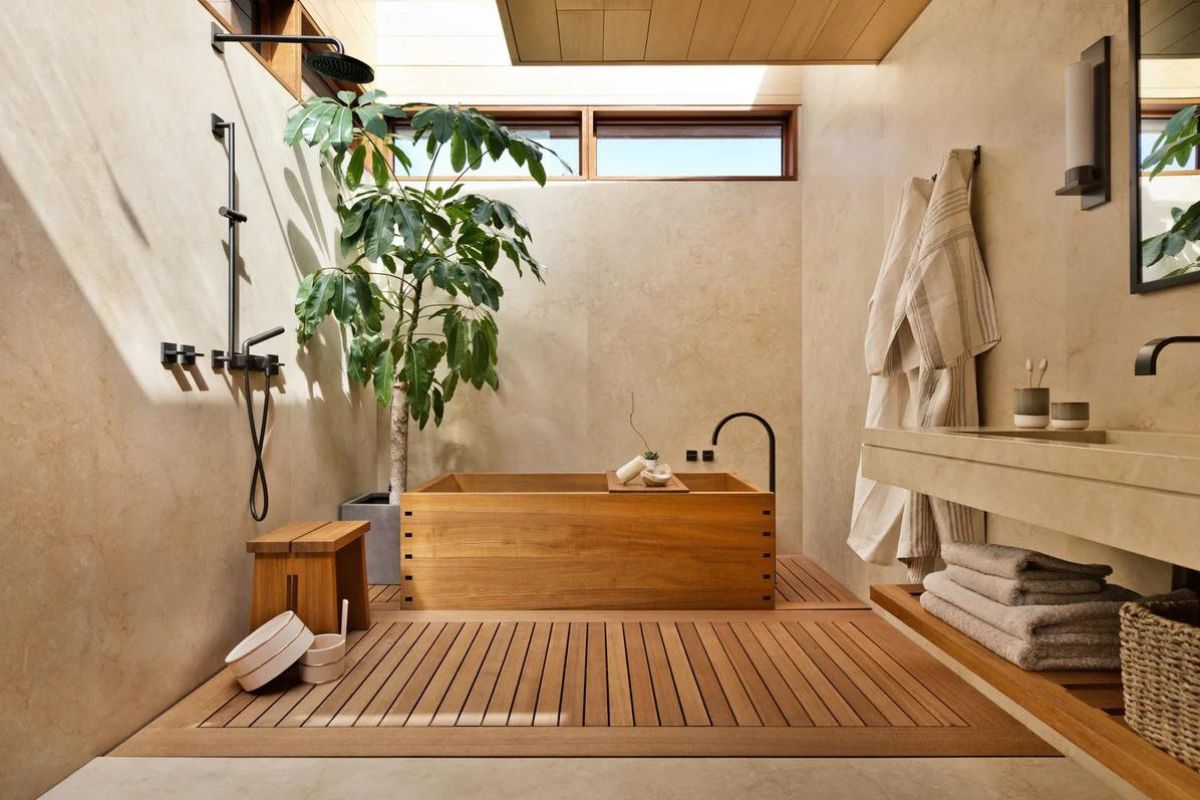 Đá và gạch trong phòng tắm Wabi Sabi cần được xử lý chống thấm, chống trơn để cân bằng thẩm mỹ với độ bền lâu dài (Ảnh: Sưu tầm)