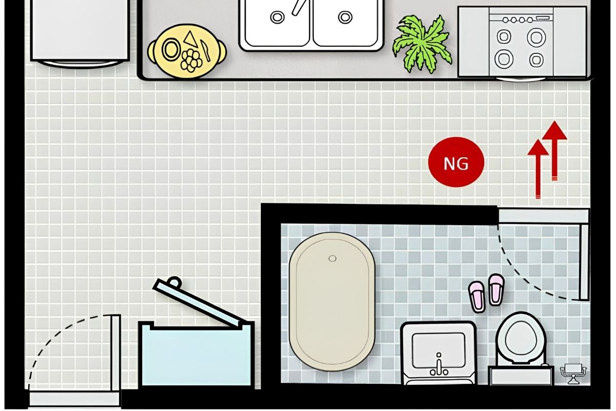 Nhà vệ sinh đặt gần bếp cần được phân tách rõ bằng cửa, khoảng đệm hoặc vách để đảm bảo vệ sinh và tính riêng tư  (Ảnh: Sưu tầm)