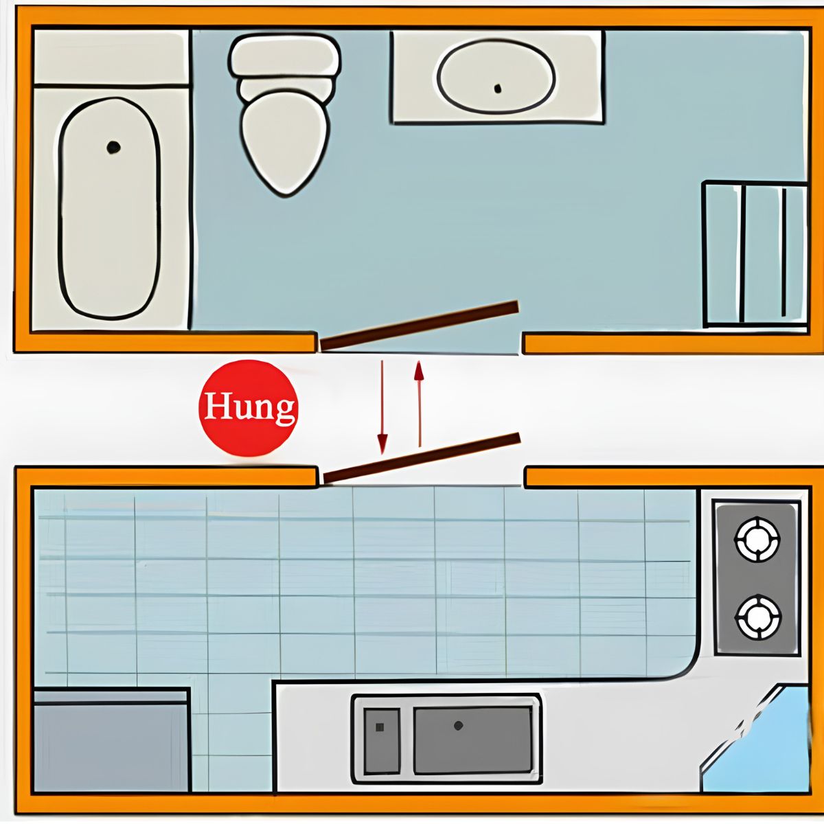 Cửa nhà vệ sinh đối diện bếp nên được bố trí lệch trục hoặc tạo lớp ngăn để phân tách rõ hai khu vực chức năng (Ảnh: Sưu tầm)