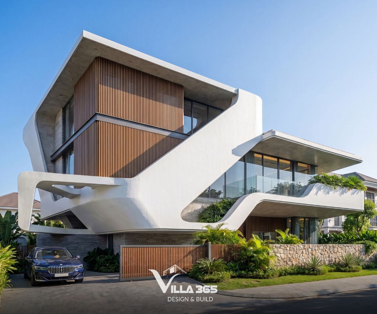 Ribbon Villa - Những đường cong dẫn lối gió trời và ánh sáng 2 Những đường cong tại Ribbon Villa không chỉ làm mềm hình khối bê tông mà còn tạo nên nhịp điệu riêng cho toàn bộ mặt đứng