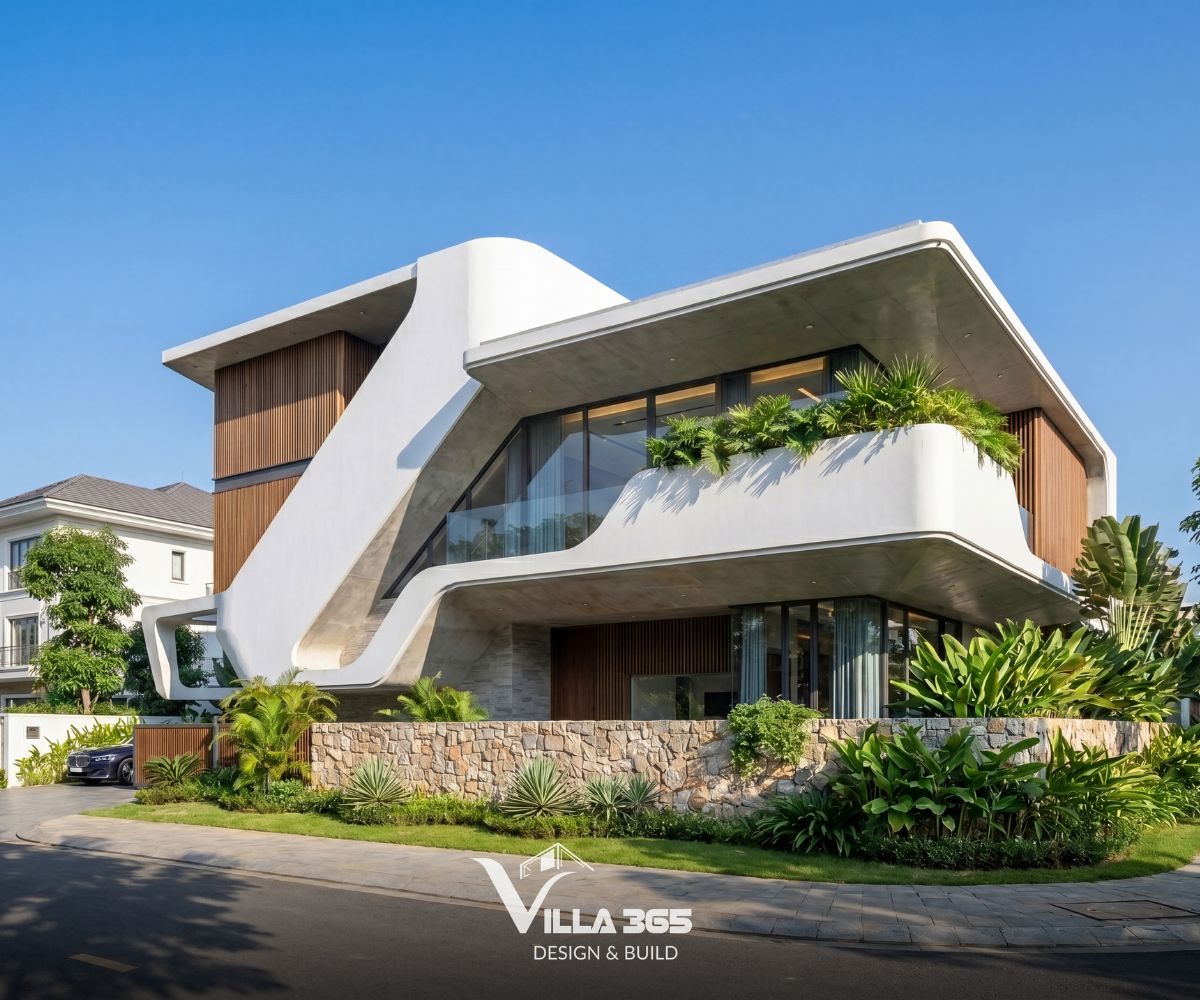 Ribbon Villa - Những đường cong dẫn lối gió trời và ánh sáng 3 Dải tường trắng nối tiếp từ mái xuống ban công như kéo những khối bê tông nặng và tĩnh vào một dòng chảy đầy sức sống