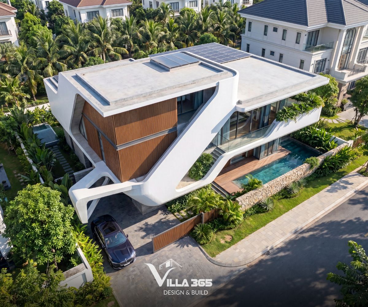Ribbon Villa - Những đường cong dẫn lối gió trời và ánh sáng 10 Cây xanh tại Ribbon Villa bám theo đường cong ban công, men theo tường đá