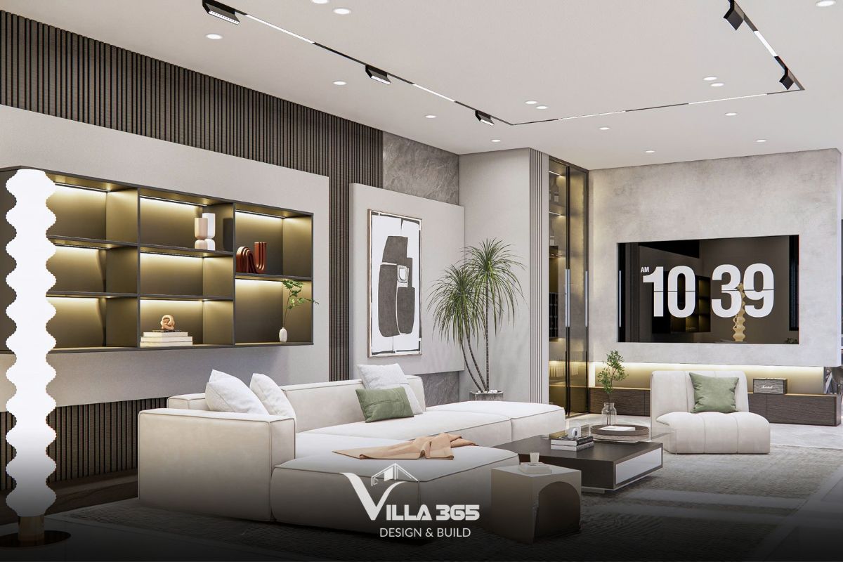 Sofa trắng kem, thảm xám và lam gỗ tạo nên một bố cục cân bằng, hiện đại