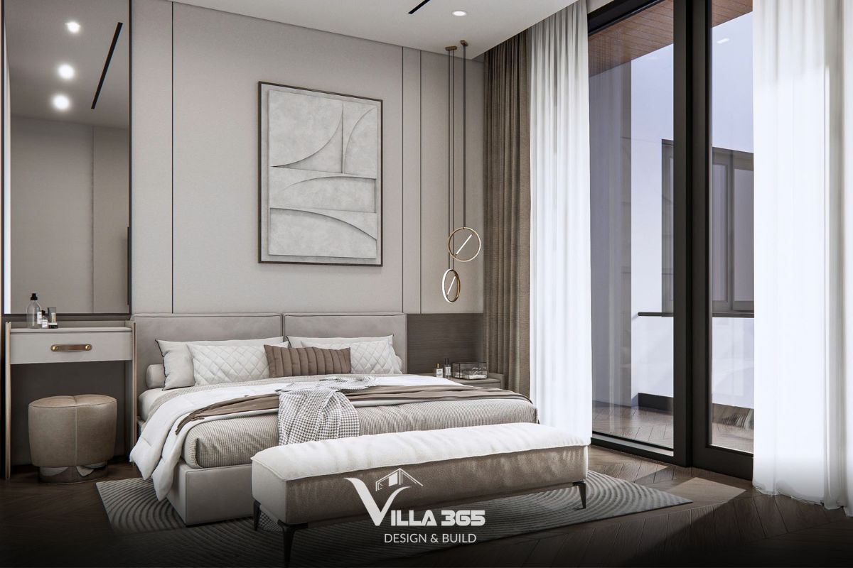 Hệ cửa lùa lớn kịch trần mở rộng tối đa ra ban công, giúp đón trọn vẹn ánh sáng tự nhiên vào ban ngày 