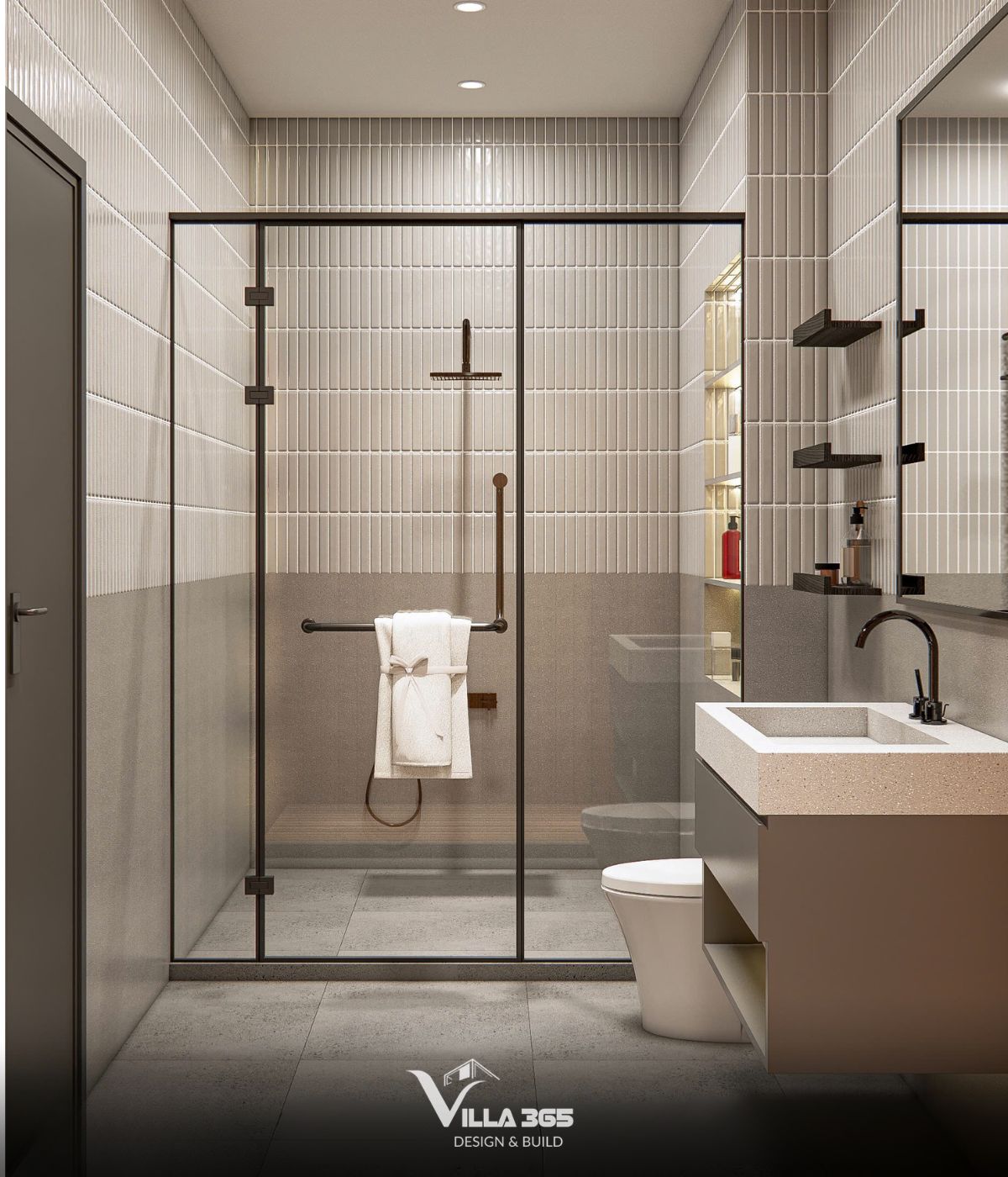 Phòng tắm sử dụng đa dạng các loại gạch ốp lát trang trí nhưu gạch mosaic, gạch giả bê tông, đá terrazzo… làm tăng tính sinh động và mới mẻ