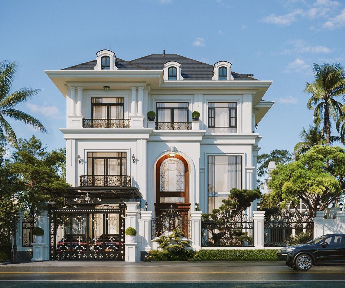 Mẫu biệt thự tân cổ điển Bình Dương kết hợp mái đua và ban công để tăng khả năng che nắng, chắn mưa (Ảnh: Sưu tầm)