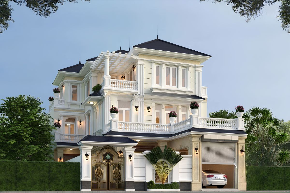Cửa gara biệt thự tân cổ điển nên tiết chế chi tiết và đồng bộ màu sắc với hệ cửa để giữ vẻ sang trọng cho công trình (Ảnh: Sưu tầm)