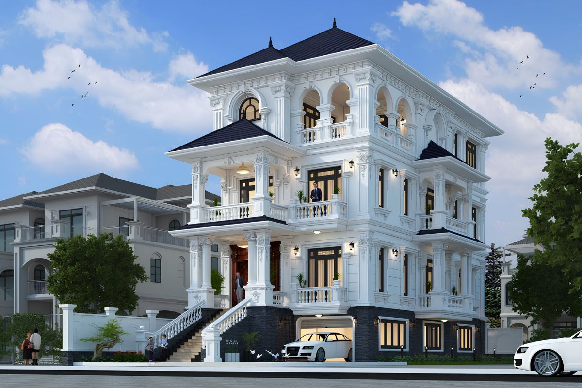 Mẫu biệt thự có gara đẹp phong cách tân cổ điển chú trọng tỷ lệ, vật liệu và vị trí gara để công năng hòa hợp với kiến trúc (Ảnh: Sưu tầm)
