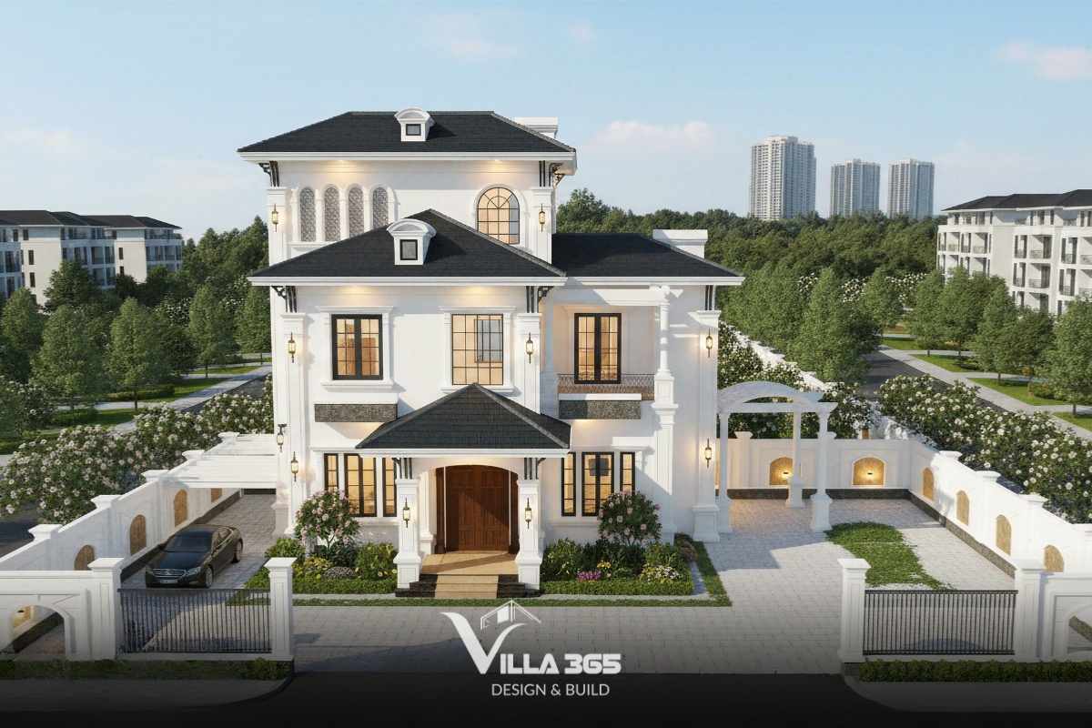 Biệt thự mái Nhật có gara phù hợp với khu đất mặt tiền rộng và dễ dàng kết hợp khu vực để xe với không gian sân vườn 