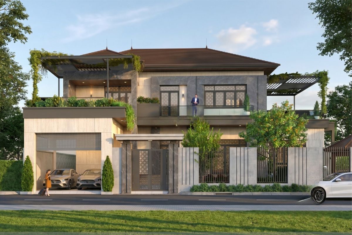 Biệt thự có gara ngoài trời mái che độc lập là phương án phù hợp khi gia chủ sở hữu khuôn viên sân vườn rộng rãi (Ảnh: Sưu tầm)