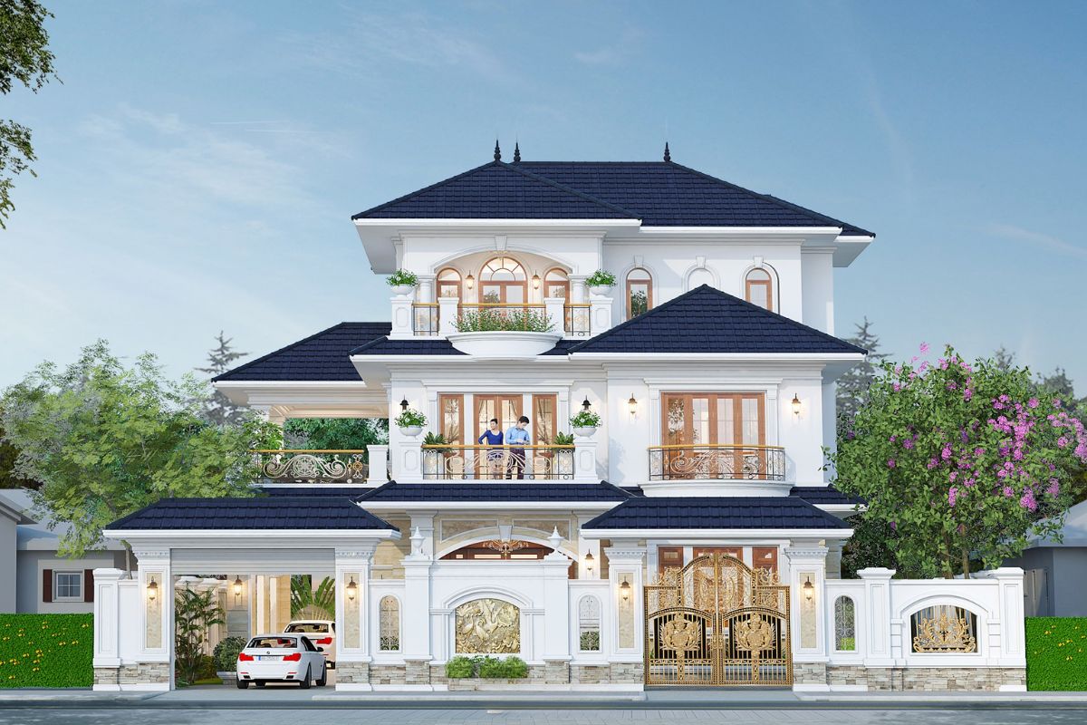 Thiết kế biệt thự mái Nhật có gara kết hợp đường xe và cây xanh giúp giảm cảm giác khô cứng của khu vực đỗ phương tiện (Ảnh: Sưu tầm)