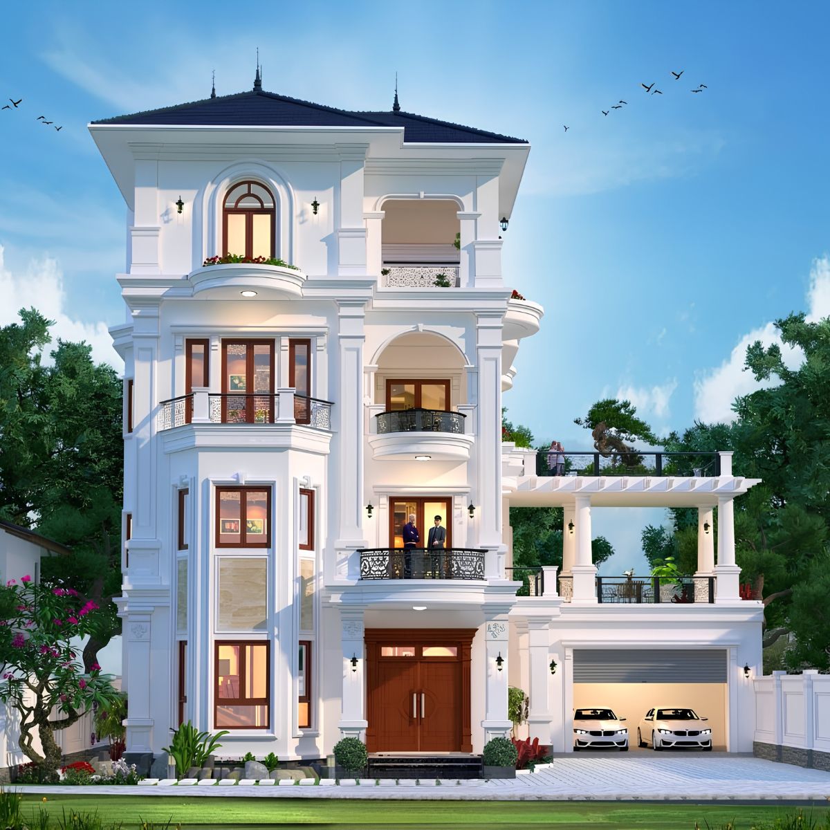Biệt thự mái Nhật có gara cân bằng giữa tiện nghi sử dụng, kiến trúc thanh lịch và cảnh quan gần gũi với thiên nhiên  (Ảnh: Sưu tầm)