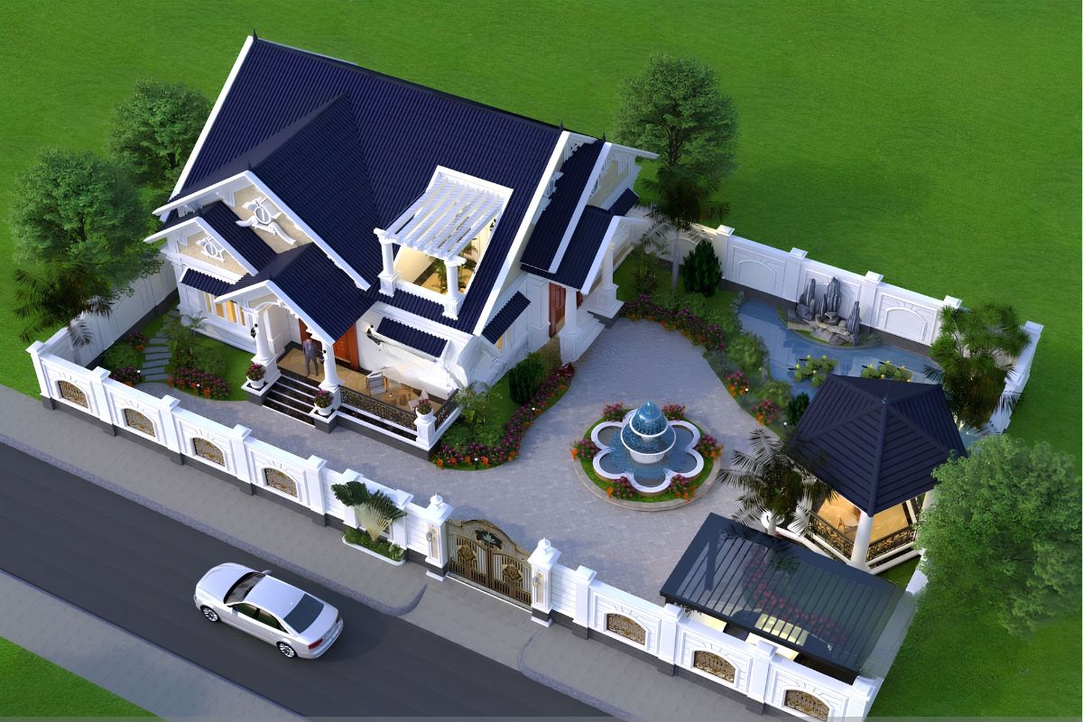 Gara bố trí tách biệt giúp biệt thự mái Thái duy trì điểm nhấn sảnh chính và tạo luồng xe ra vào thuận tiện (Ảnh: Sưu tầm)