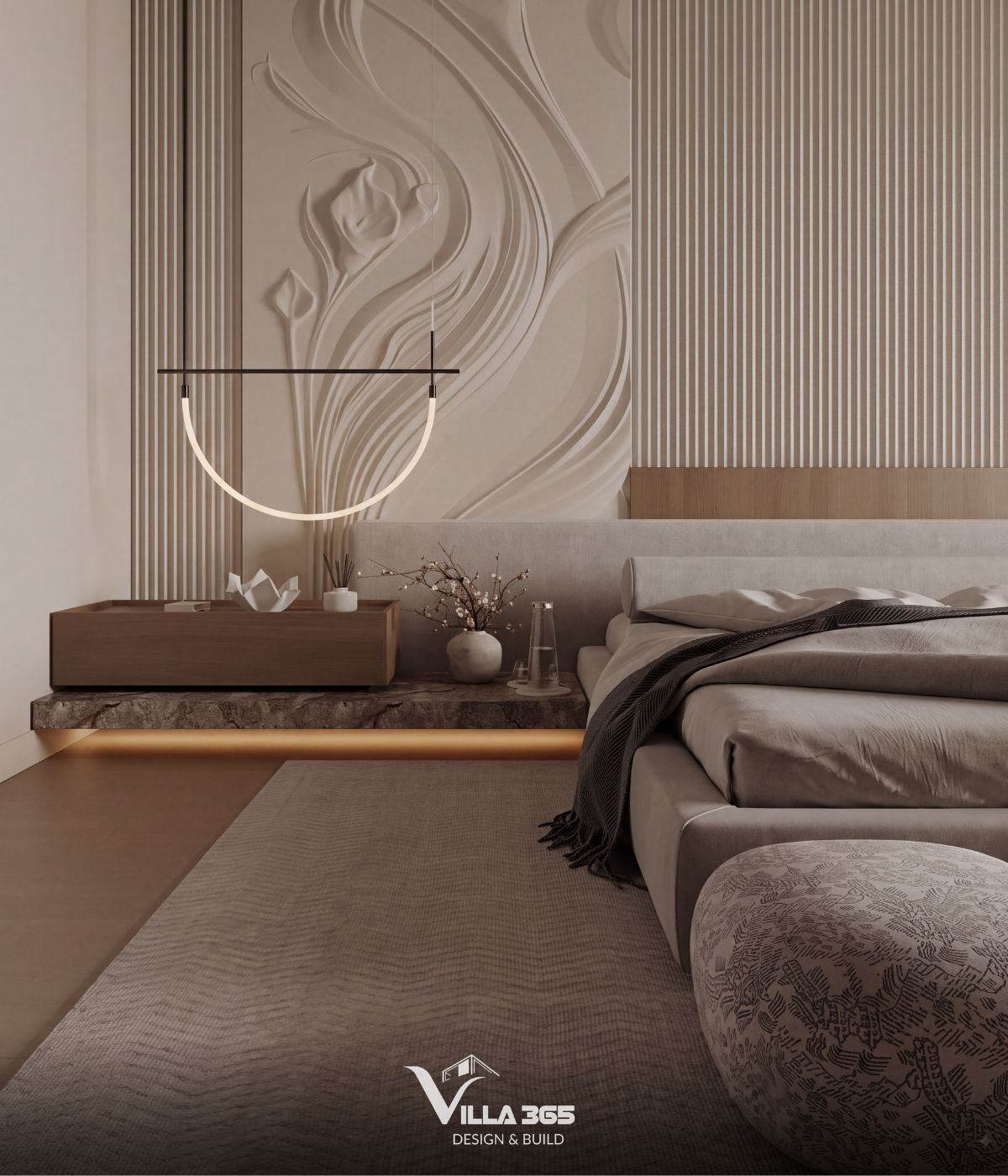 Những đường uốn lượn mềm mại trên tường và đèn trang trí