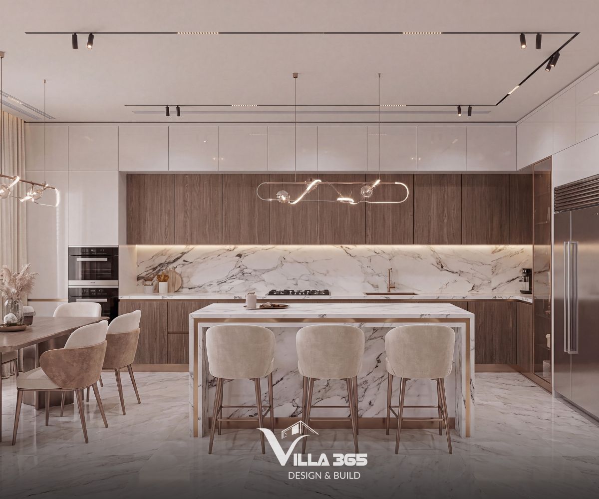 Thiết kế nội thất Grace Villa - Ốc đảo thanh lịch giữa phố thị nhộn nhịp 4 Tủ bếp lưu trữ phía trên sử dụng chất liệu gỗ công nghiệp phủ acrylic bóng gương màu trắng kem, giúp phản chiếu ánh sáng và tạo cảm giác không gian trần cao, thông thoáng hơn