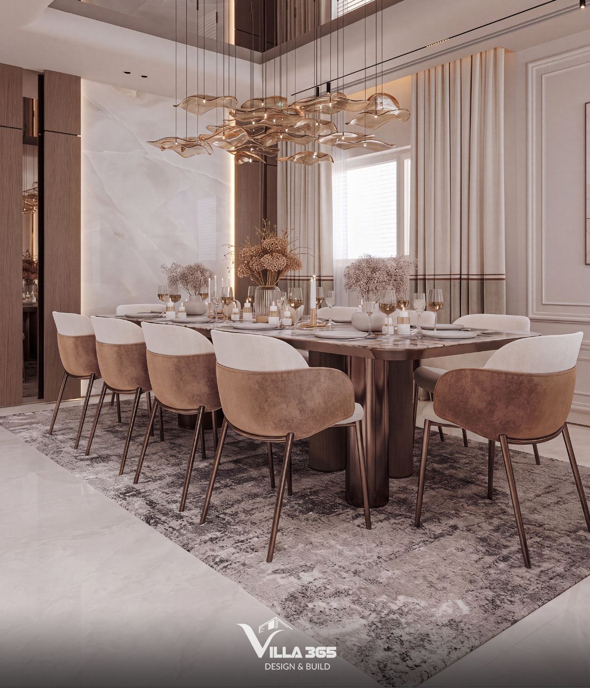 Thiết kế nội thất Grace Villa - Ốc đảo thanh lịch giữa phố thị nhộn nhịp 5 Điểm nhấn phòng ăn là hệ đèn chùm thả trần nghệ thuật với kiểu dáng chiếc lá cách điệu thủy tinh màu hổ phách uốn lượn mềm mại