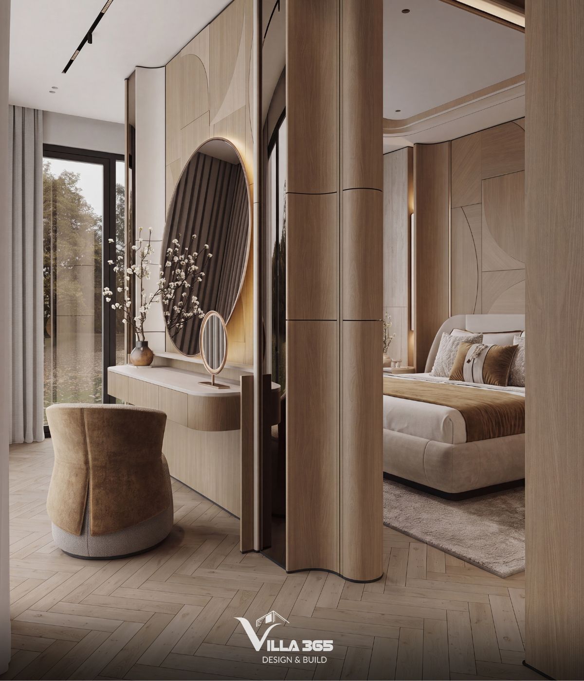 Thiết kế nội thất Grace Villa - Ốc đảo thanh lịch giữa phố thị nhộn nhịp 7 Thay vì dùng tường gạch thô cứng, kiến trúc sư sử dụng một hệ vách cột bo tròn ốp gỗ kết hợp kính đứng để ngăn cách nhẹ giữa khu vực bàn trang điểm và giường ngủ