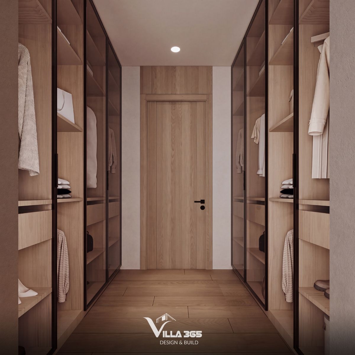 Thiết kế nội thất Grace Villa - Ốc đảo thanh lịch giữa phố thị nhộn nhịp 9 Phòng thay đồ (walk-in closet) với thiết kế tối giản, hiện đại và vô cùng ngăn nắp, đồng bộ về chất liệu gỗ với các không gian còn lại