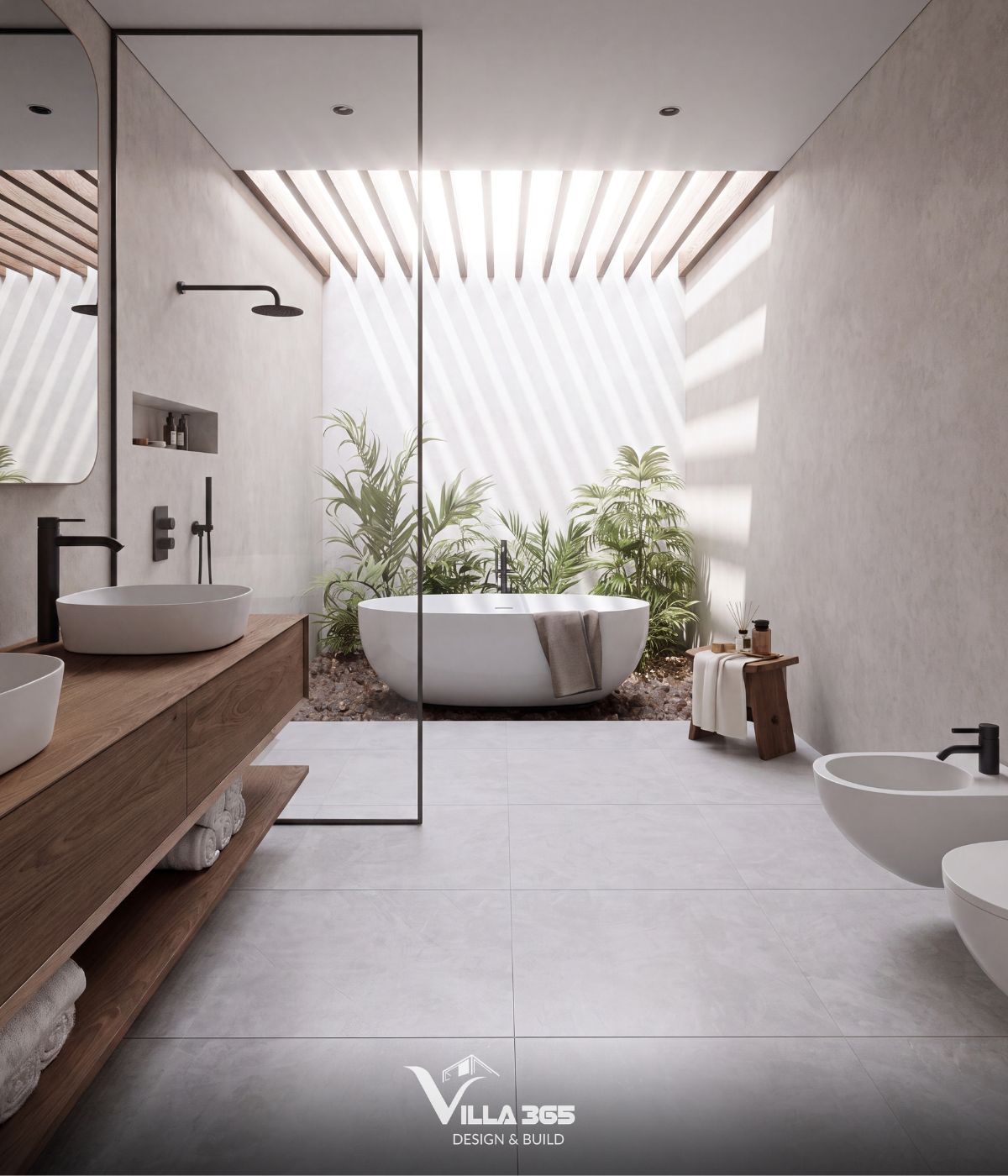 Thiết kế nội thất Grace Villa - Ốc đảo thanh lịch giữa phố thị nhộn nhịp 11 Thiết kế tận dụng tối đa yếu tố chữa lành bằng cách đưa ánh sáng tự nhiên, bóng đổ của nắng và cây xanh vào phòng tắm