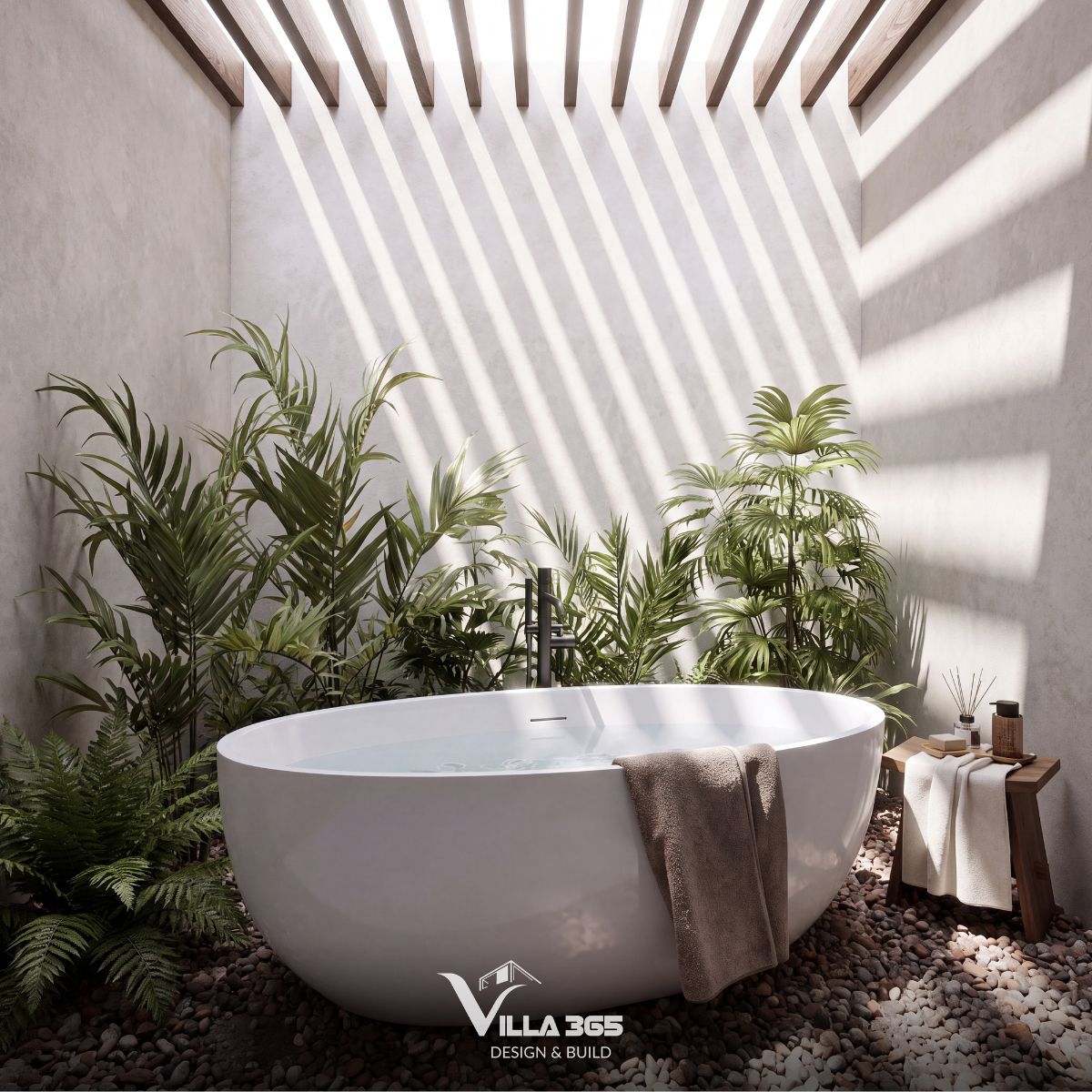 Thiết kế nội thất Grace Villa - Ốc đảo thanh lịch giữa phố thị nhộn nhịp 13 Trần phòng tắm sử dụng hệ lam gỗ song song thông thoáng, cho phép ánh nắng tự nhiên rọi thẳng vào bên trong
