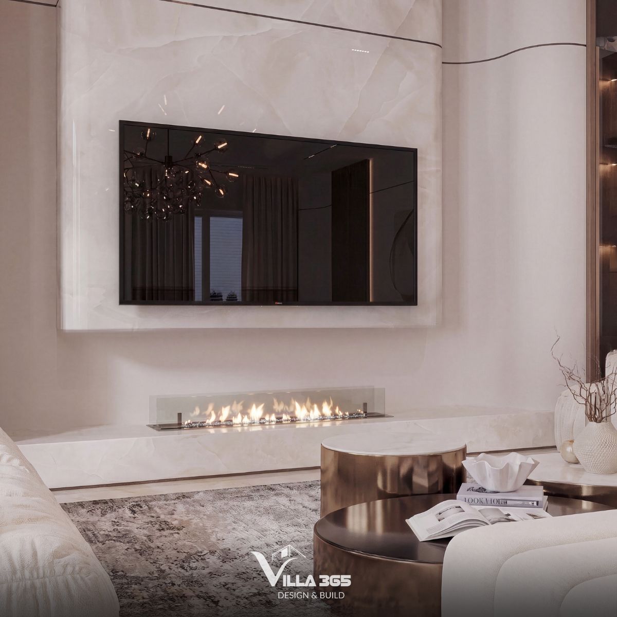 Thiết kế nội thất Grace Villa - Ốc đảo thanh lịch giữa phố thị nhộn nhịp 17 Toàn bộ mảng vách tivi lớn được ốp bằng đá xuyên sáng, phía dưới là một bục đá kéo dài, tích hợp hệ thống lò sưởi điện tử hiện đại