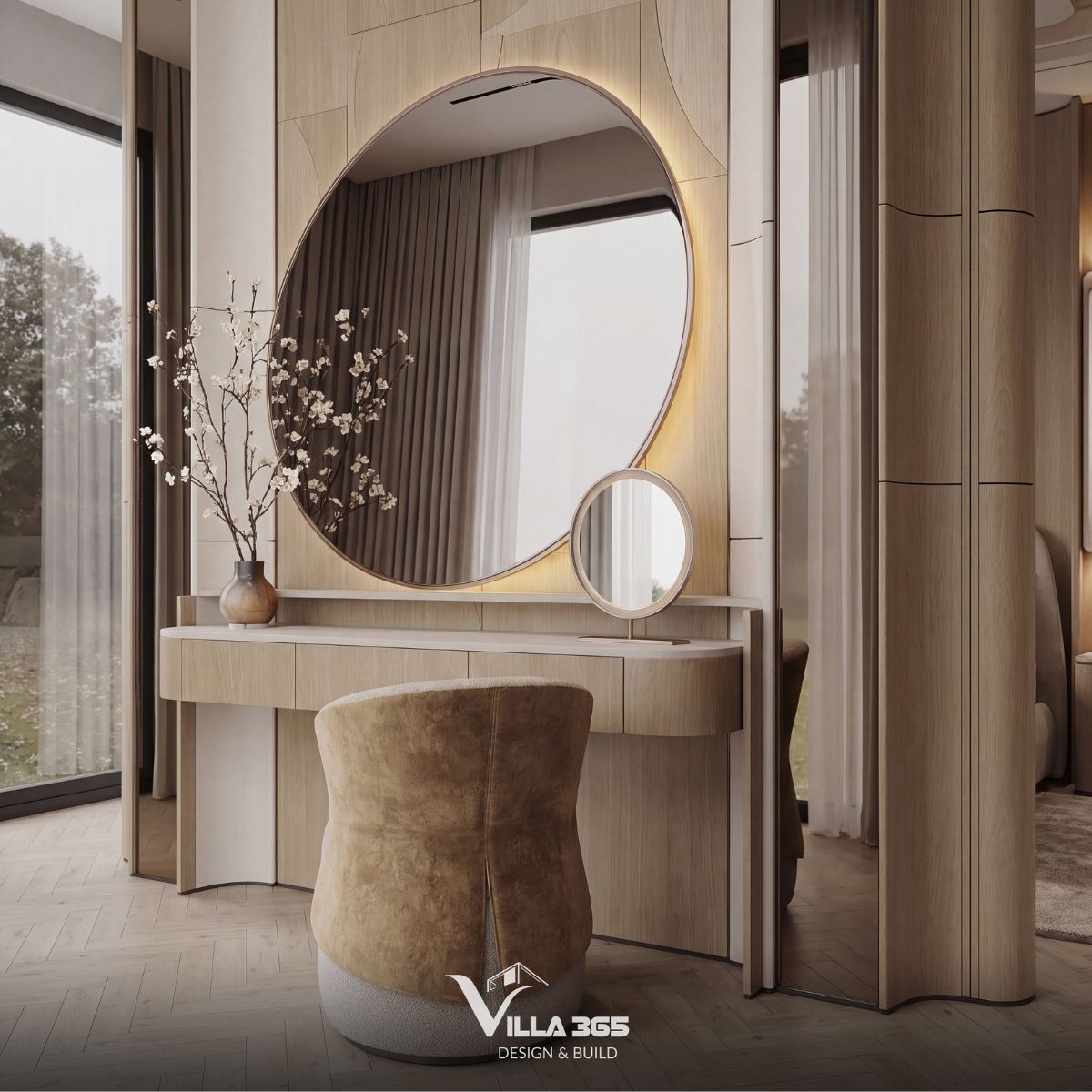Thiết kế nội thất Grace Villa - Ốc đảo thanh lịch giữa phố thị nhộn nhịp 19 Bàn trang điểm thiết kế dạng console tối giản với các góc được bo tròn mềm mại ở hai đầu