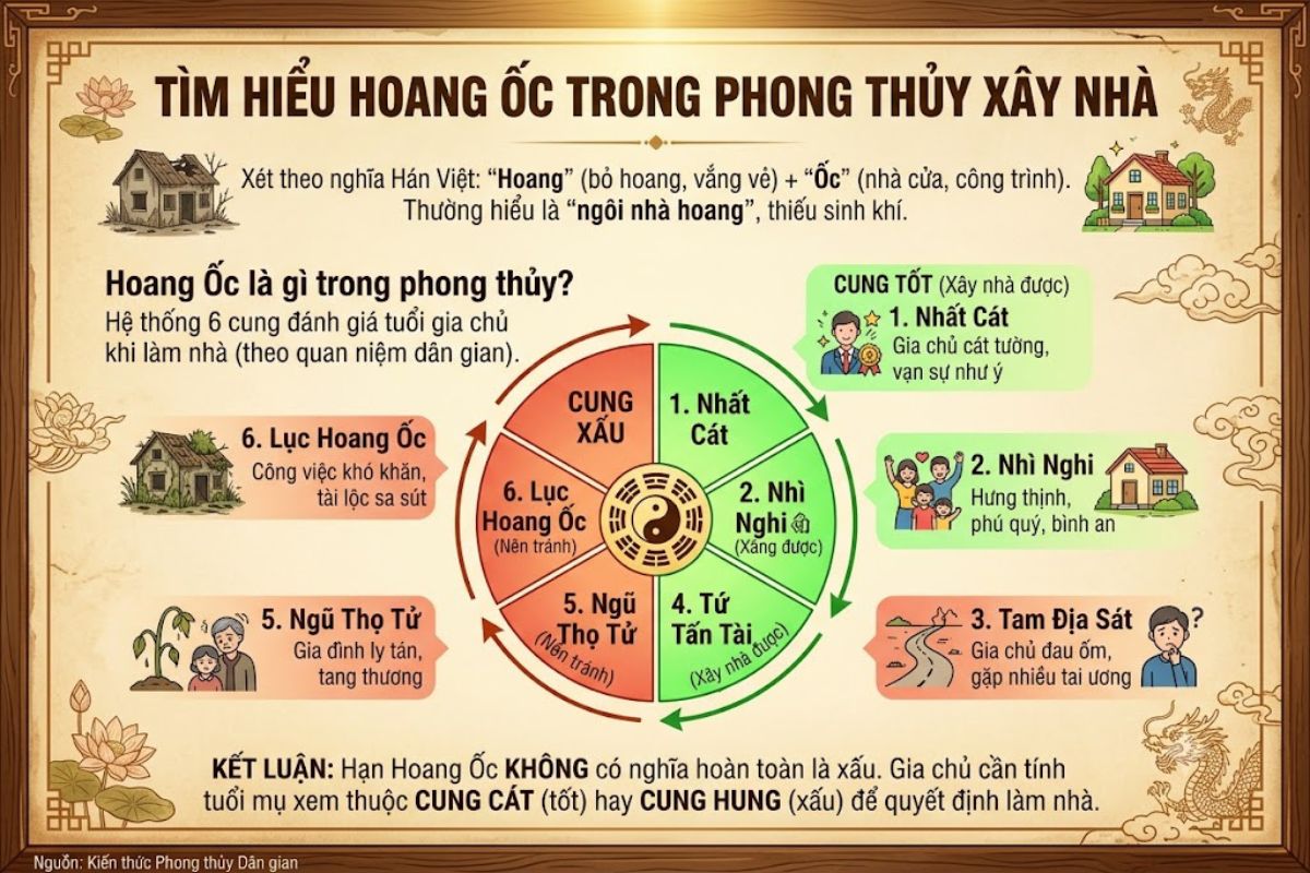Hoang Ốc là gì? Cách tính & Bảng tra cứu 6 cung Hoang Ốc chuẩn nhất 2 Hoang Ốc là hệ thống gồm 6 cung, trong đó có 3 cung tốt và 3 cung xấu được dùng để xem tuổi làm nhà theo quan niệm dân gian (Ảnh: Sưu tầm)