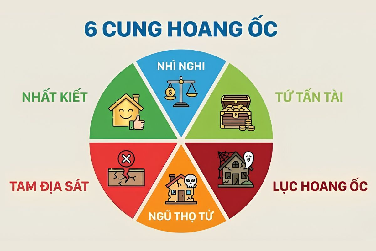 Hoang Ốc là gì? Cách tính & Bảng tra cứu 6 cung Hoang Ốc chuẩn nhất 3 Sáu cung Hoang Ốc được chia thành nhóm Cát và nhóm Hung, mỗi cung mang ý nghĩa riêng đối với việc xây dựng và an cư (Ảnh: Sưu tầm)