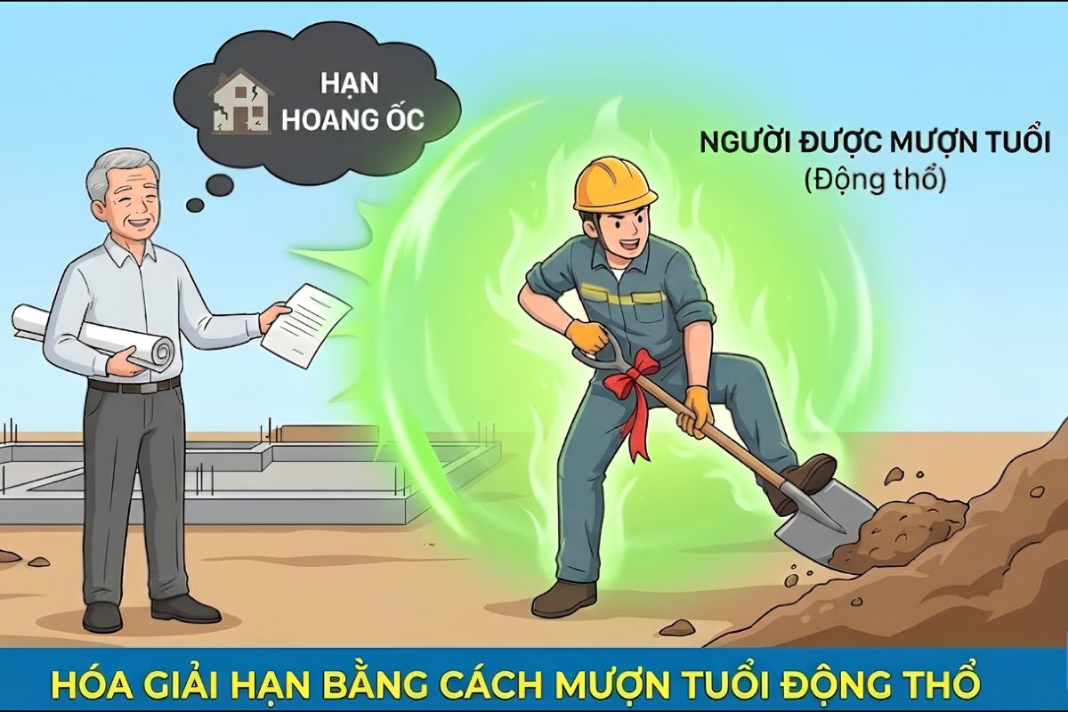 Hoang Ốc là gì? Cách tính & Bảng tra cứu 6 cung Hoang Ốc chuẩn nhất 5 Mượn tuổi làm nhà là giải pháp phổ biến khi gia chủ muốn khởi công trong năm phạm cung Hoang Ốc xấu (Ảnh: Sưu tầm)
