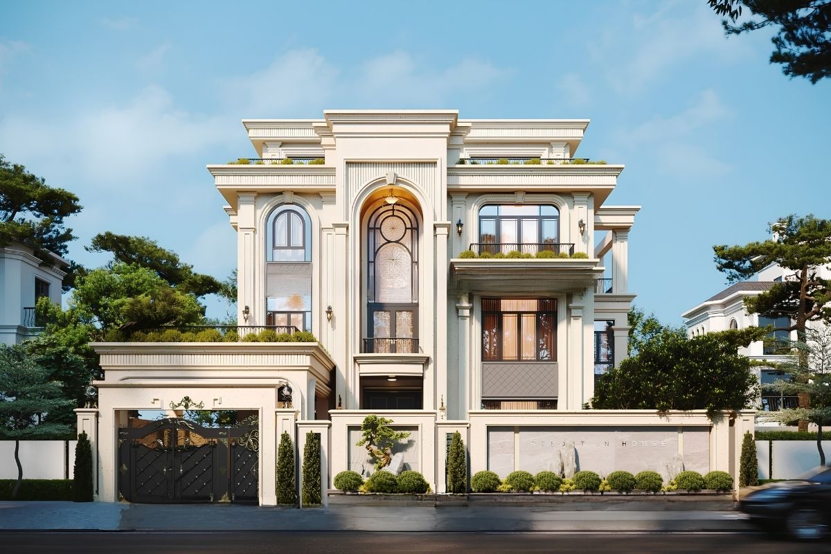 50+ Mẫu Cổng Biệt Thự Đẹp Sang Trọng 2026 25 Cổng biệt thự sang trọng với gam đen và vàng đồng làm nổi bật chiều sâu của hoa văn trang trí (Ảnh: Sưu tầm)