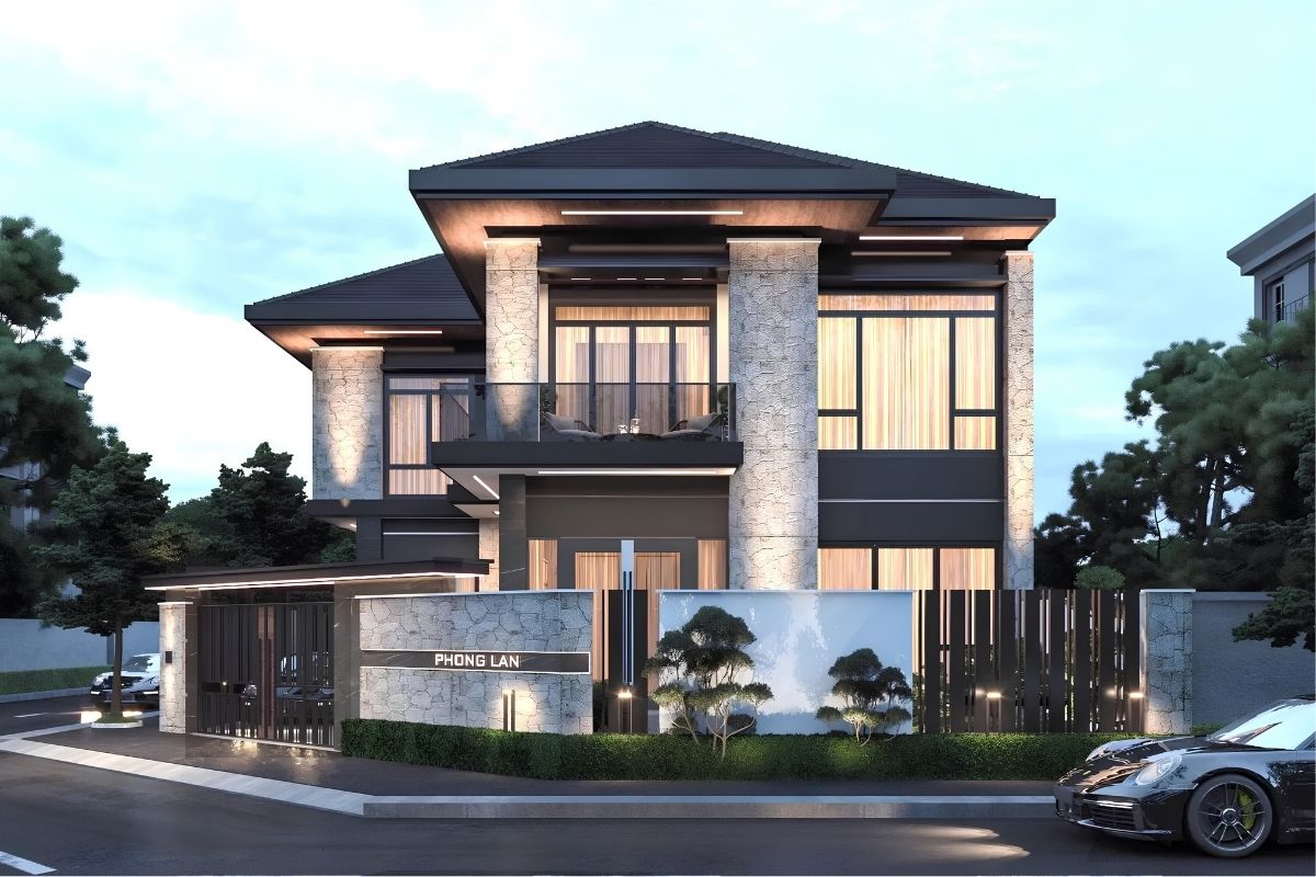 50+ Mẫu Cổng Biệt Thự Đẹp Sang Trọng 2026 32 Cổng biệt thự có mái tạo sự kết nối hài hòa với hệ mái Thái hoặc mái Nhật của công trình (Ảnh: Sưu tầm)