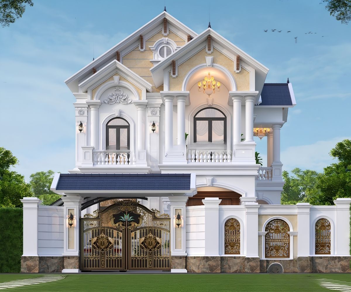 50+ Mẫu Cổng Biệt Thự Đẹp Sang Trọng 2026 33 Mẫu cổng biệt thự đẹp sử dụng mái ngói đồng màu giúp khu vực lối vào thống nhất với kiến trúc chính (Ảnh: Sưu tầm)