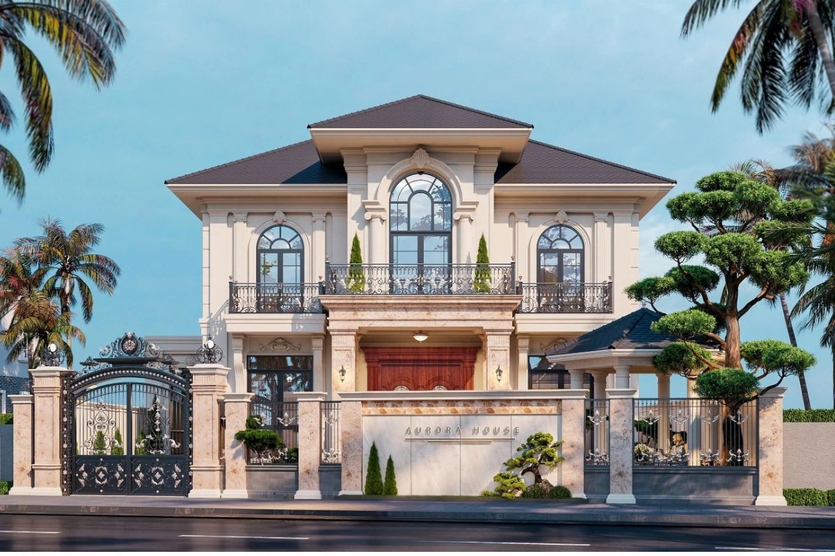 50+ Mẫu Cổng Biệt Thự Đẹp Sang Trọng 2026 34 Trụ cổng ốp đá kết hợp mái ngói tạo tỷ lệ vững chãi cho thiết kế cổng biệt thự có mái (Ảnh: Sưu tầm)