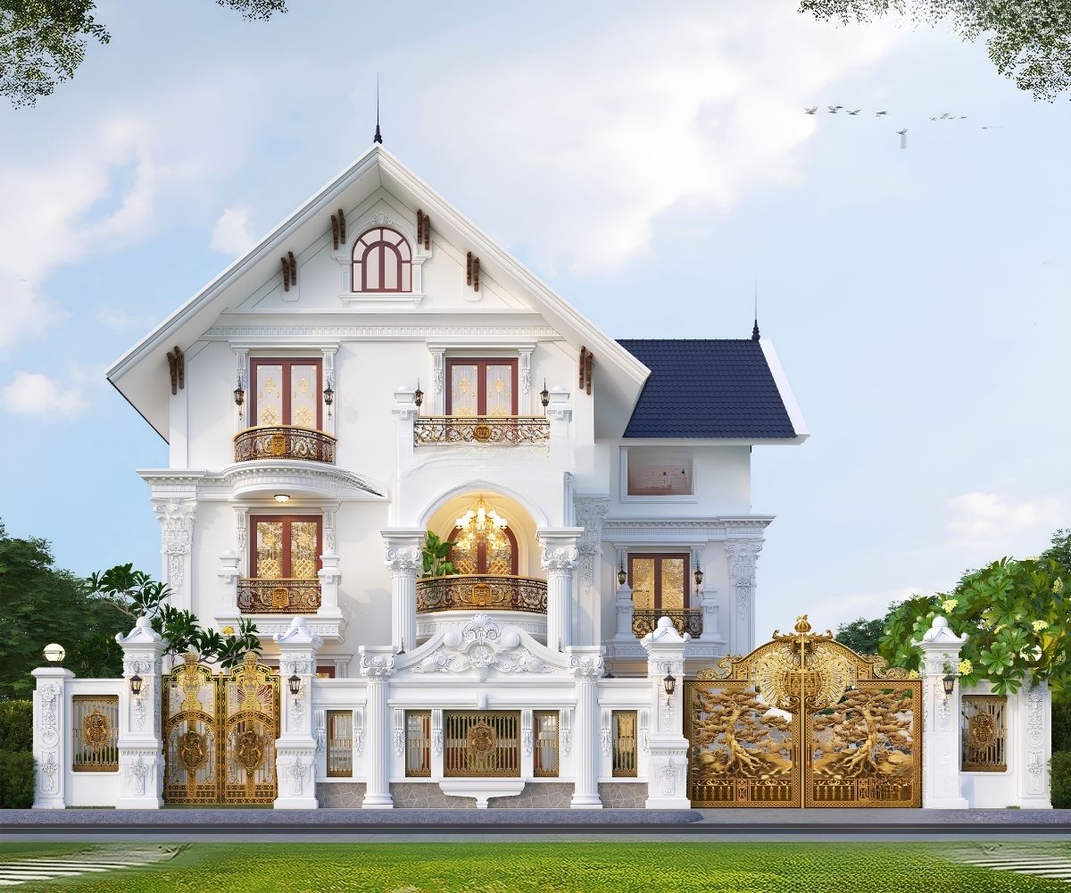 50+ Mẫu Cổng Biệt Thự Đẹp Sang Trọng 2026 36 Thiết kế cổng biệt thự đẹp mái Thái cần cân đối chiều cao mái với hàng rào và mặt tiền công trình (Ảnh: Sưu tầm)