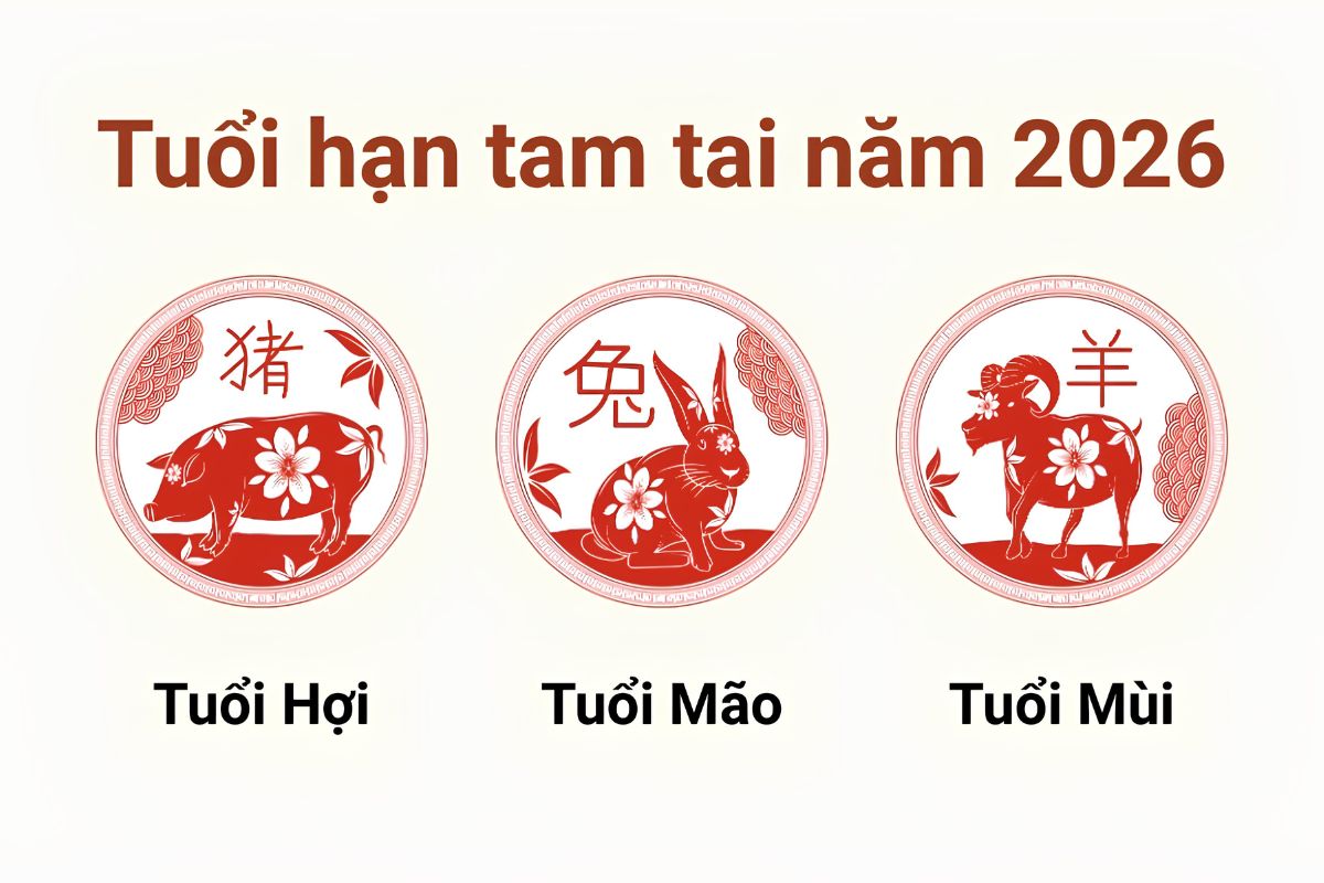 Năm 2026 Tuổi Nào Phạm Tam Tai? Bảng Tra Cứu & Hướng Dẫn Giải Hạn 3 Cách tính Tam Tai năm 2026 dựa trên nhóm Tam hợp, trong đó Hợi – Mão – Mùi cùng gặp hạn vào ba năm Tỵ – Ngọ – Mùi (Ảnh: Sưu tầm)