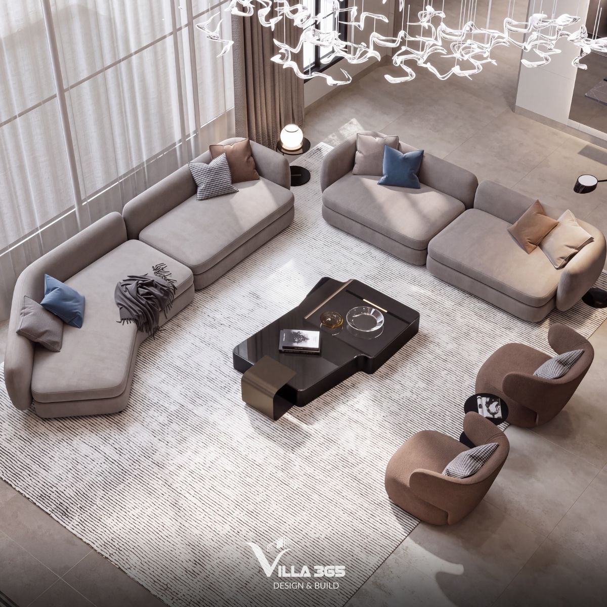 Sofa bọc nỉ với đường nét mềm mại cân bằng lại tỷ lệ lớn của không gian phòng khách thông tầng 