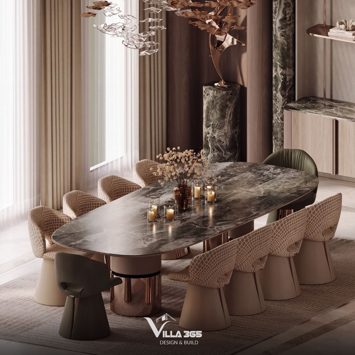 Những đường vân marble sáng màu tạo nên khoảng đối thoại thú vị với sắc gỗ trầm ấm bao phủ không gian 