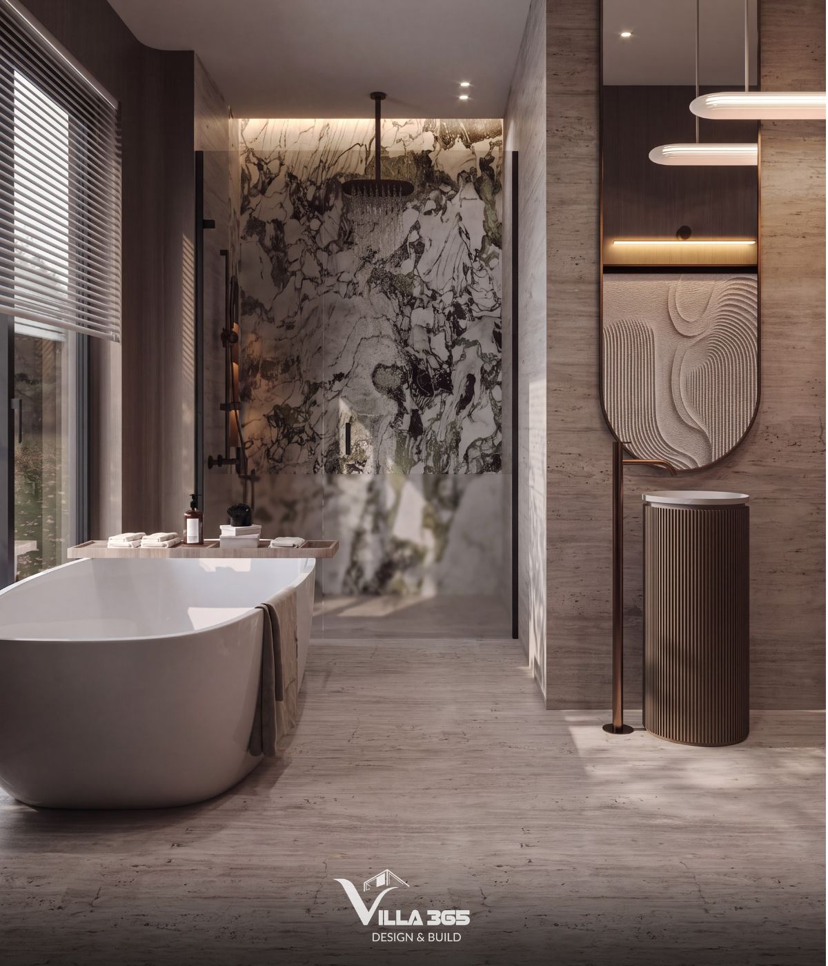 Điểm nhấn phòng tắm chính là mảng tường đá marble với hệ vân loang màu xanh đen ở khu vực tắm đứng 